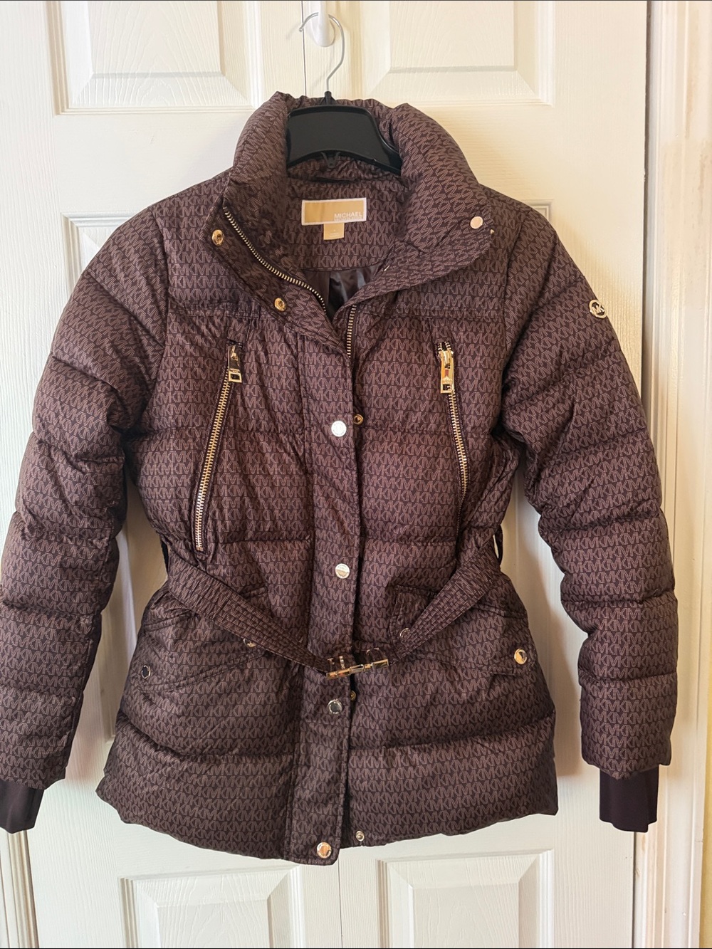 Michael Kors Dark Brown Quilted Monogram Belted Puffer Jacket